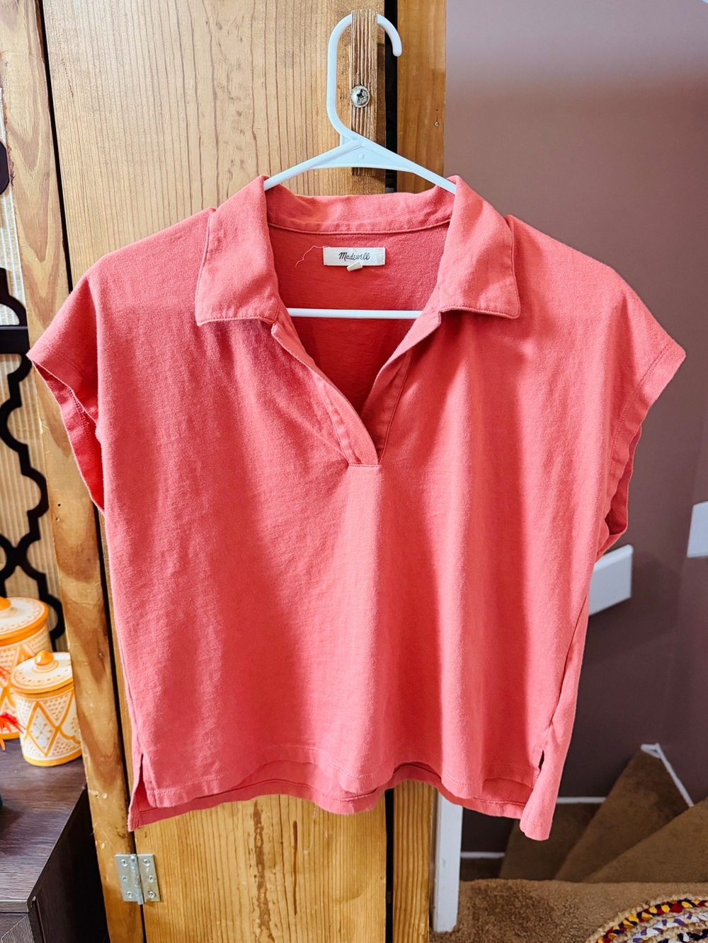 Madewell Coral Short-Sleeve Polo-Style Top